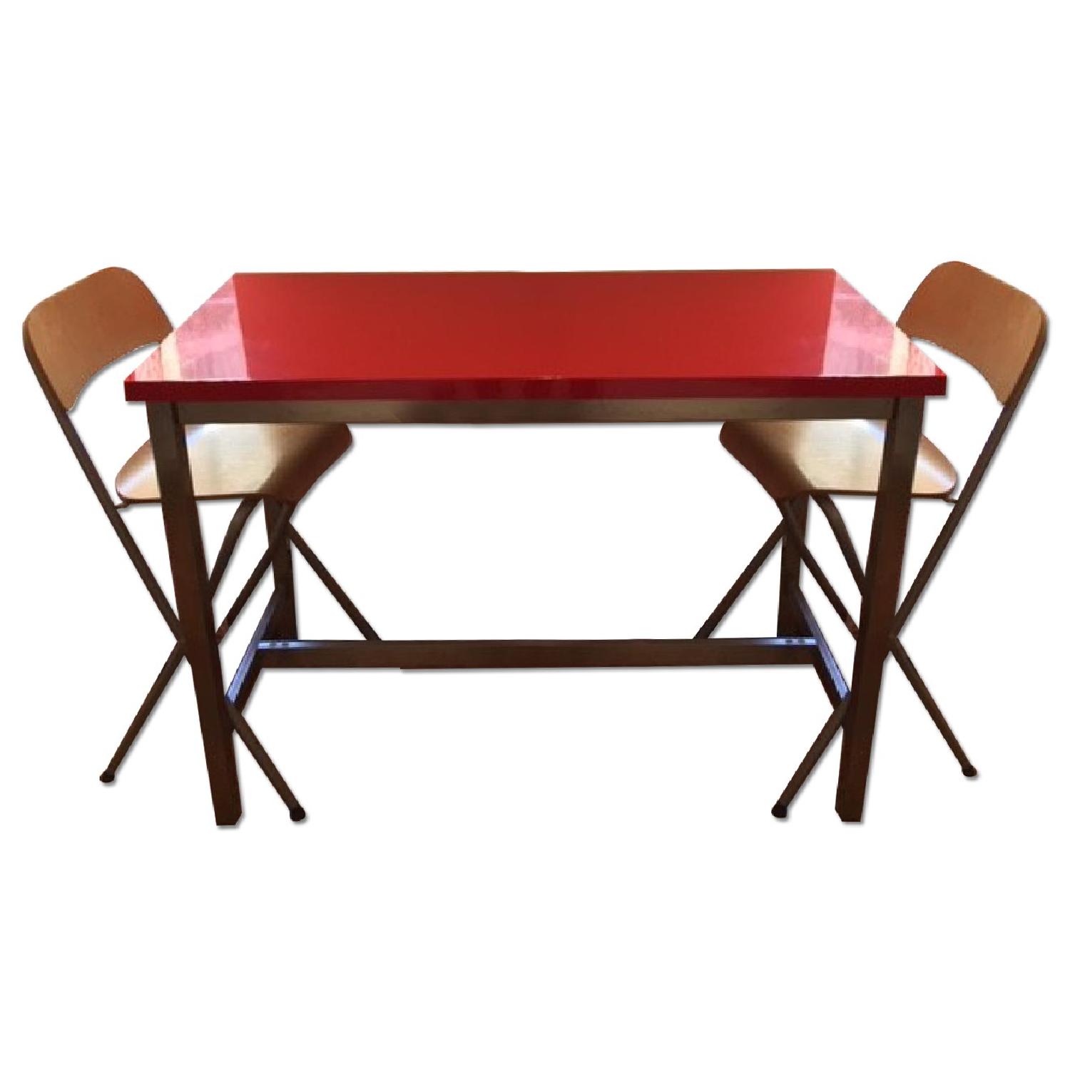 Ikea Utby Red Lacquer Top/Stainless Steel Bar Table w/ 2 Chairs AptDeco