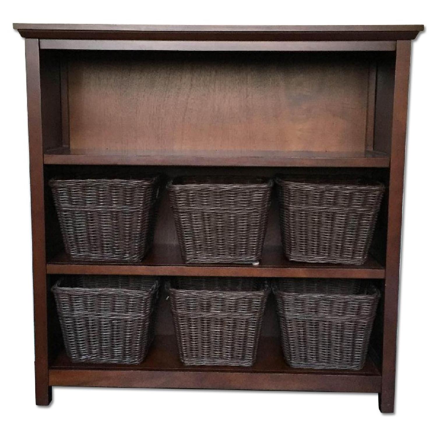 Pottery Barn Bookcase W 6 Brown Wicker Storage Baskets For Sale