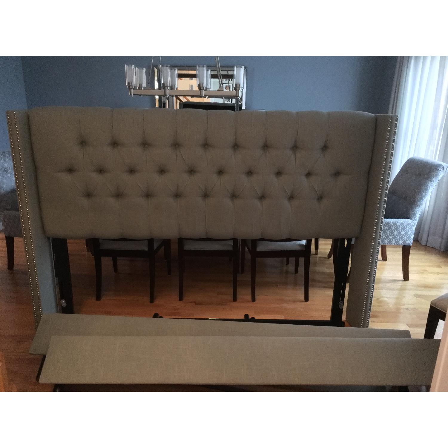 King Diamond Tufted Wingback Bed with Steel Nailhead Trim in Sage Green/Gray - image-3