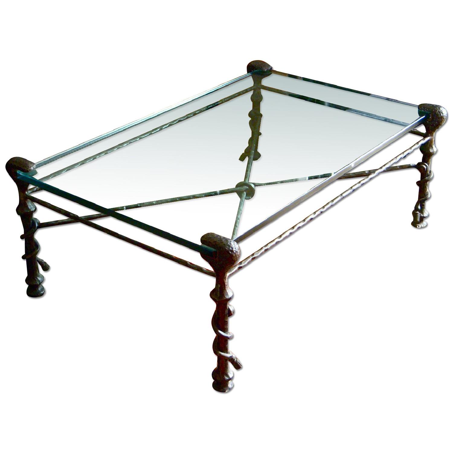 Heavy Wrought Iron & Glass Coffee Table w/ Glass Top - image-0