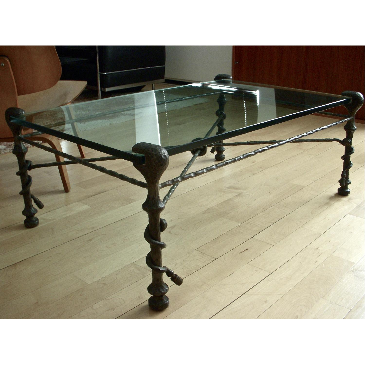 Heavy Wrought Iron & Glass Coffee Table w/ Glass Top - image-2