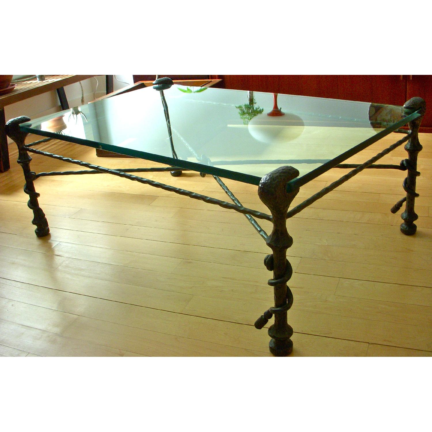 Heavy Wrought Iron & Glass Coffee Table w/ Glass Top - image-3