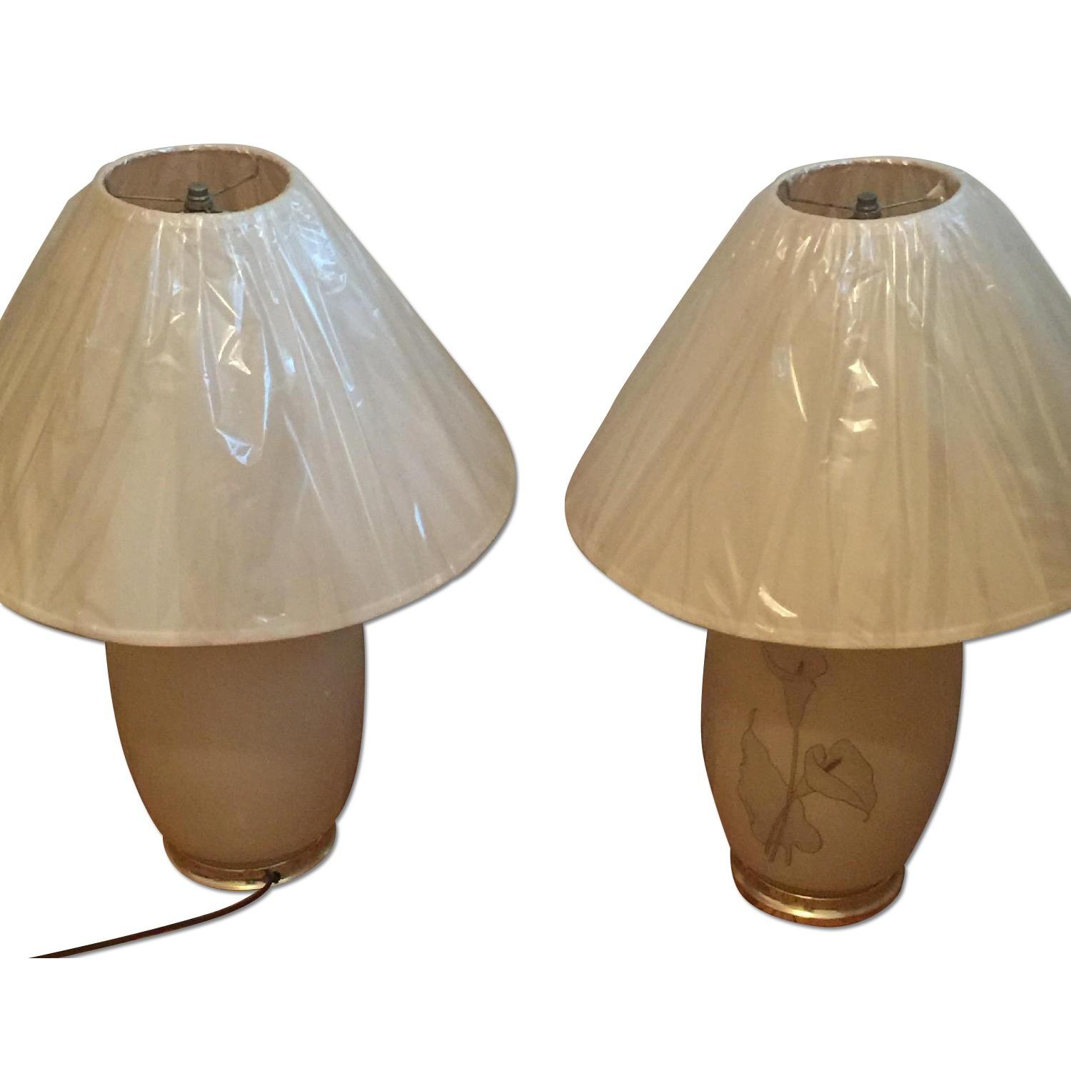 Vintage Early 60's Large Glass Off White Lamps w/ Flower Design Lampshades - Pair - image-0