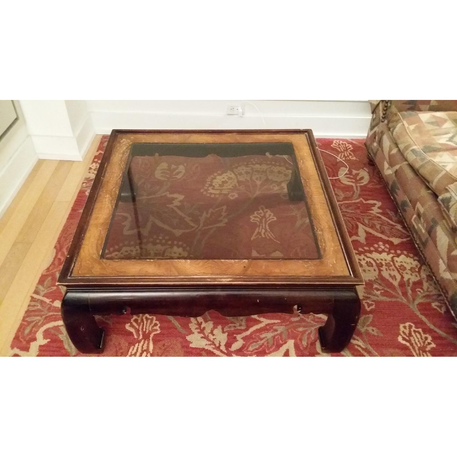 Heavy Wood Coffee Table w/ Glass Top - image-1