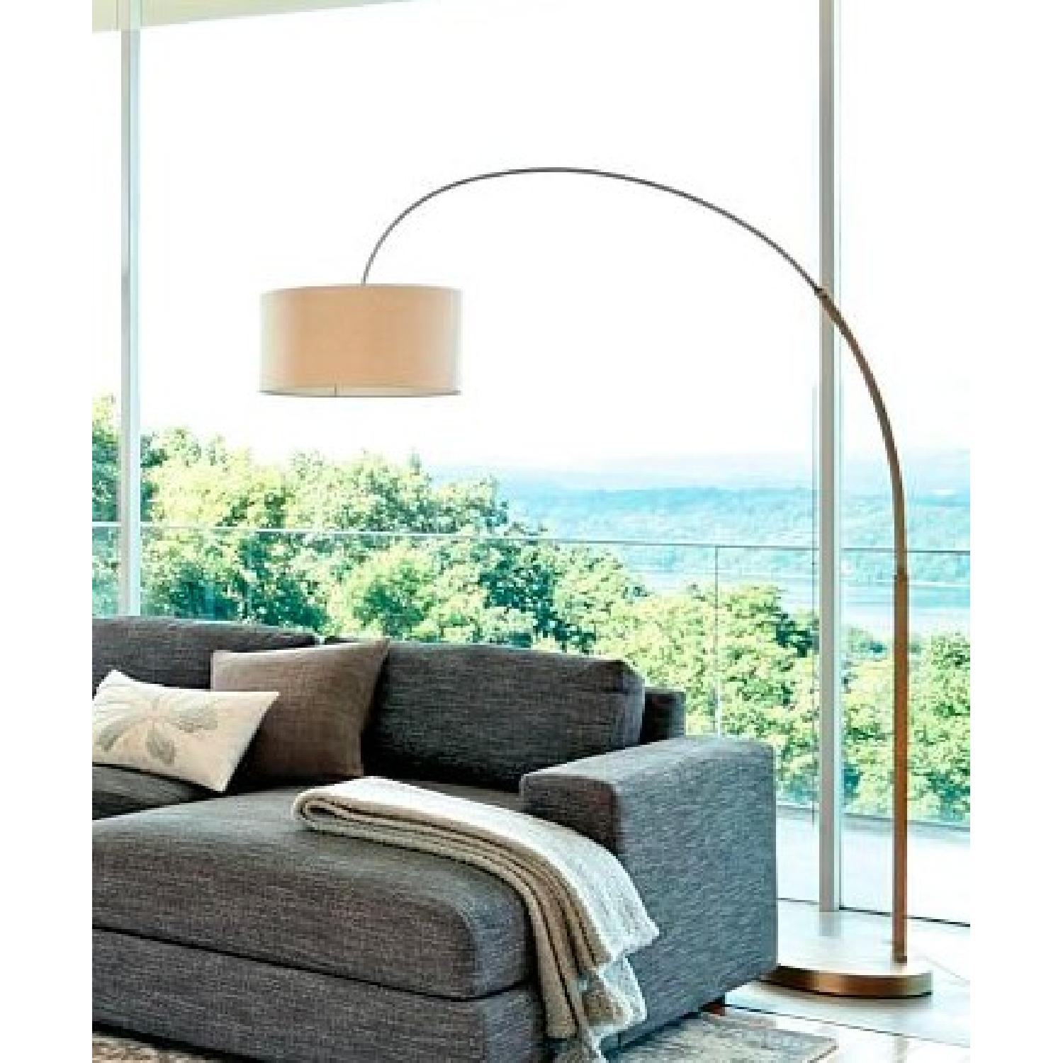 West Elm Overarching Linen Shade Floor Lamp in Antique Brass - image-2