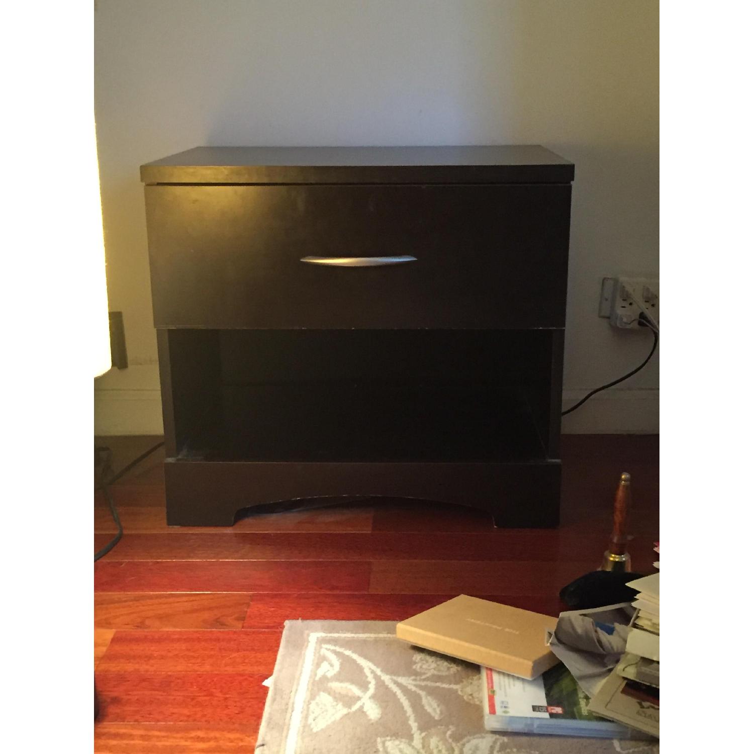 Dark Brown Wood Nightstand w/ 1 Drawer & Silver Hardware AptDeco