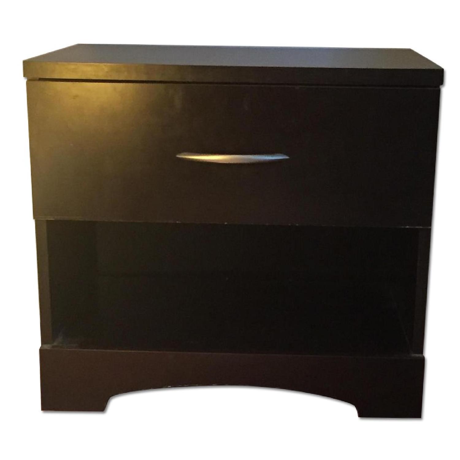 Dark Brown Wood Nightstand w/ 1 Drawer & Silver Hardware AptDeco