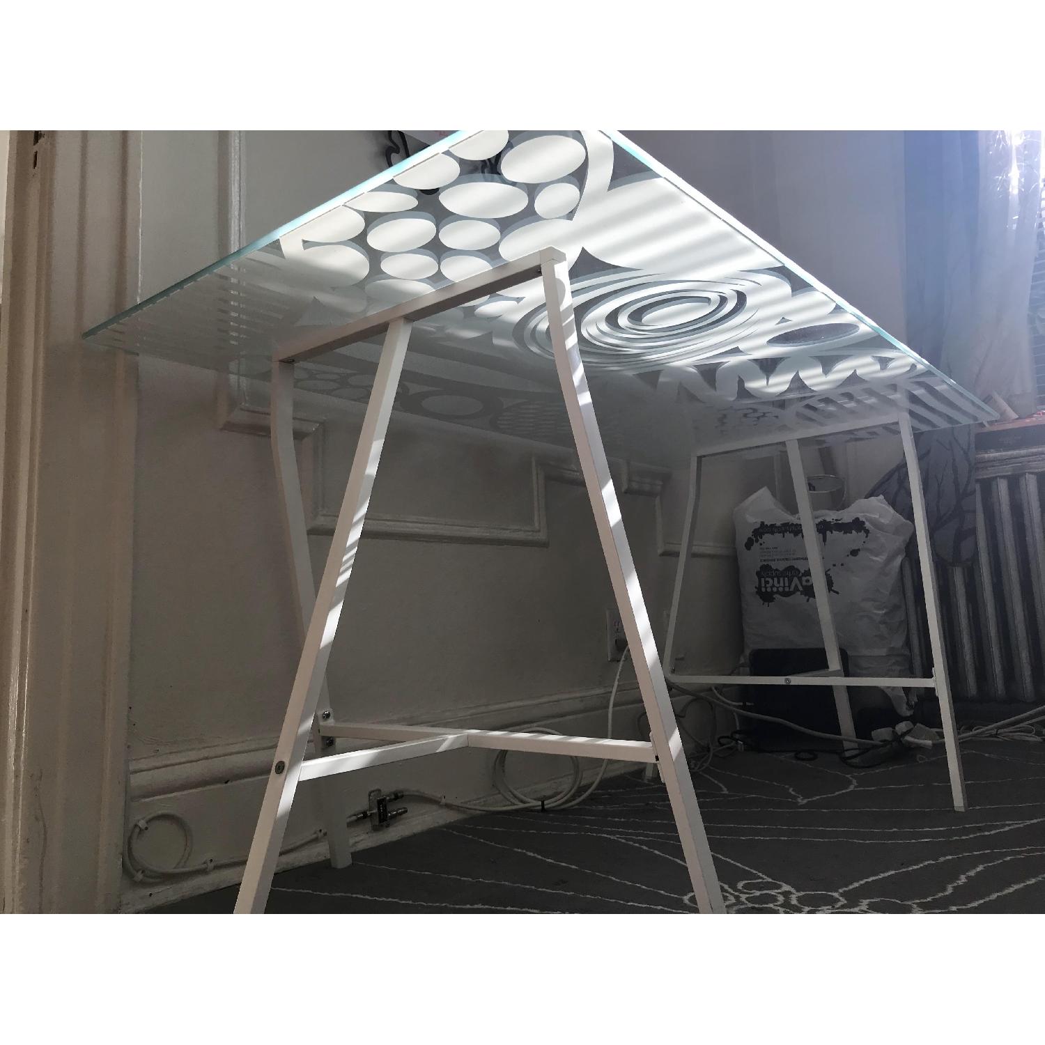 Ikea Glasholm Pattern Glass Top w/ White Trestle Legs - image-4