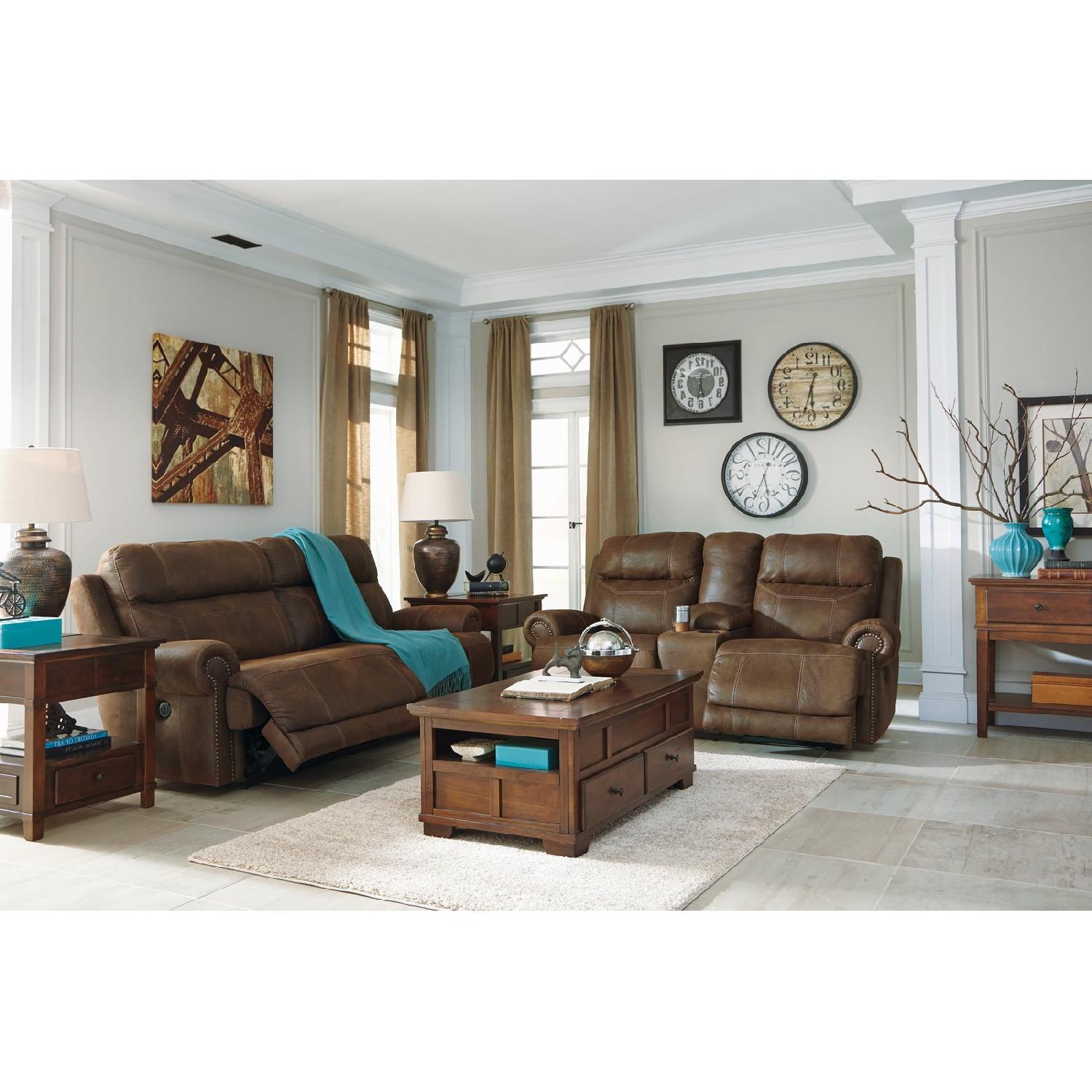 Ashley Austere Double Reclining Sofa w/ Console in Brown - image-3