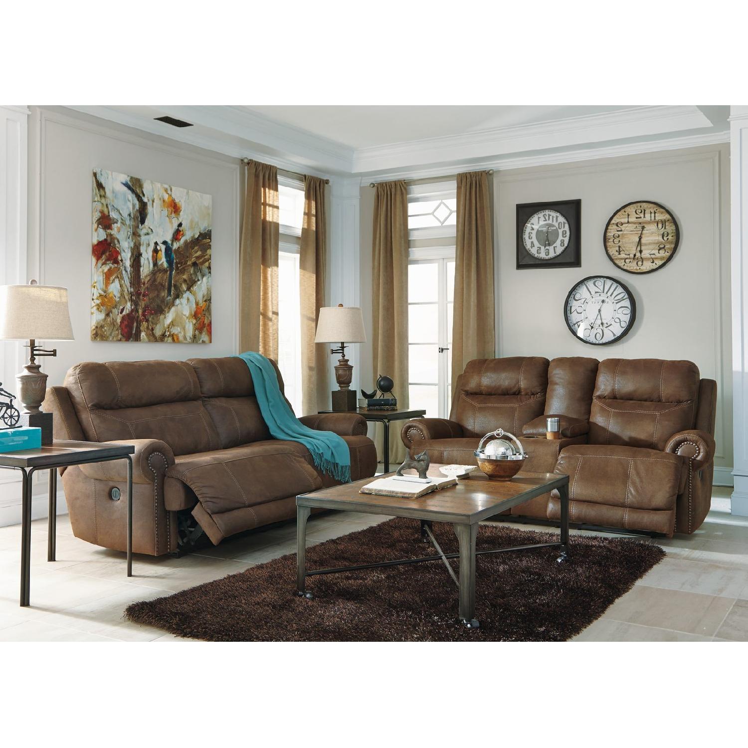 Ashley Austere Double Reclining Sofa w/ Console in Brown - image-4