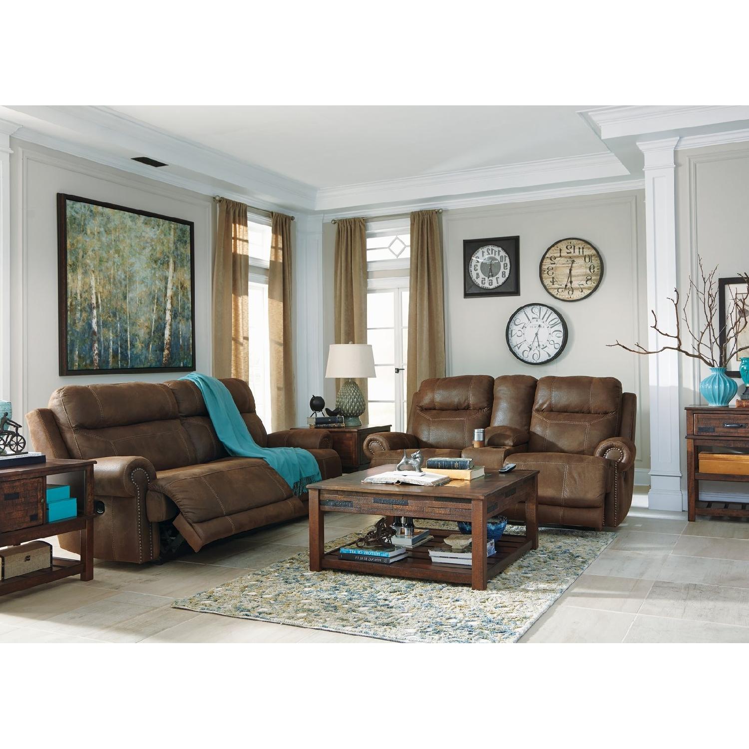 Ashley Austere Double Reclining Sofa w/ Console in Brown - image-5