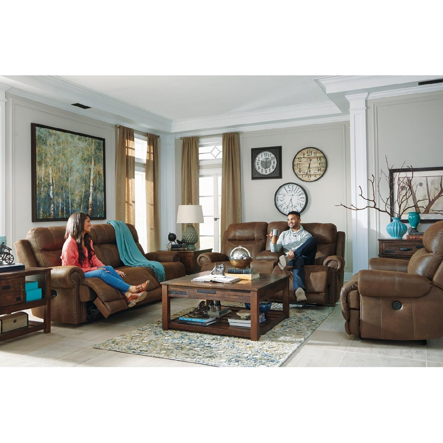 Ashley Austere Double Reclining Sofa w/ Console in Brown - image-7
