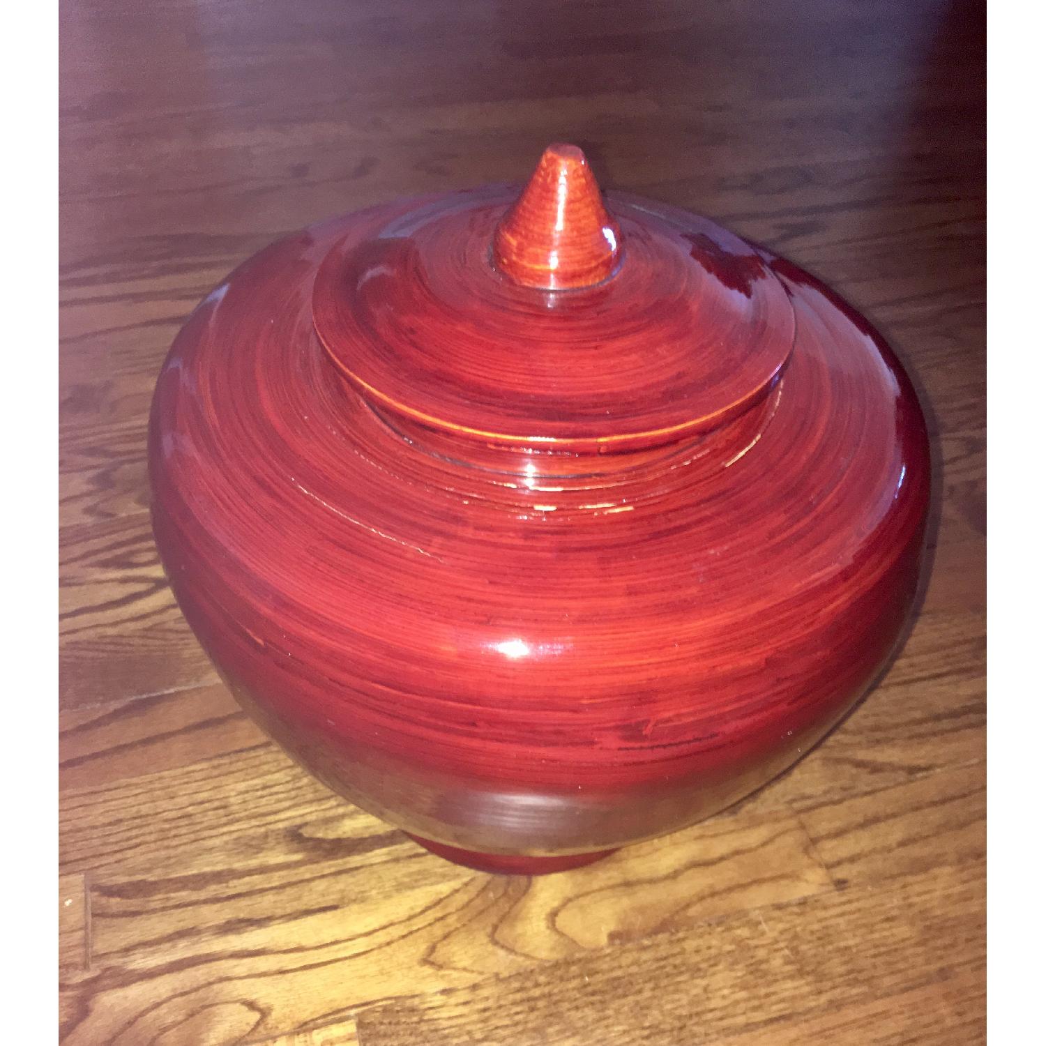 Glossy Red Bamboo Urn Vase w/ Lid - image-2