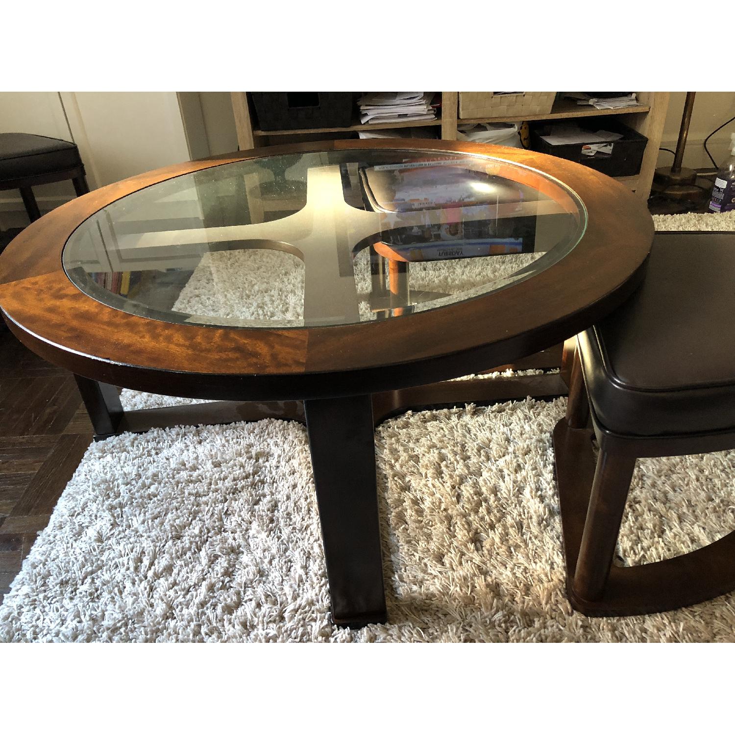 Woodhaven Hill Glass Top Round Coffee Table w/ 4 Ottomans - image-3