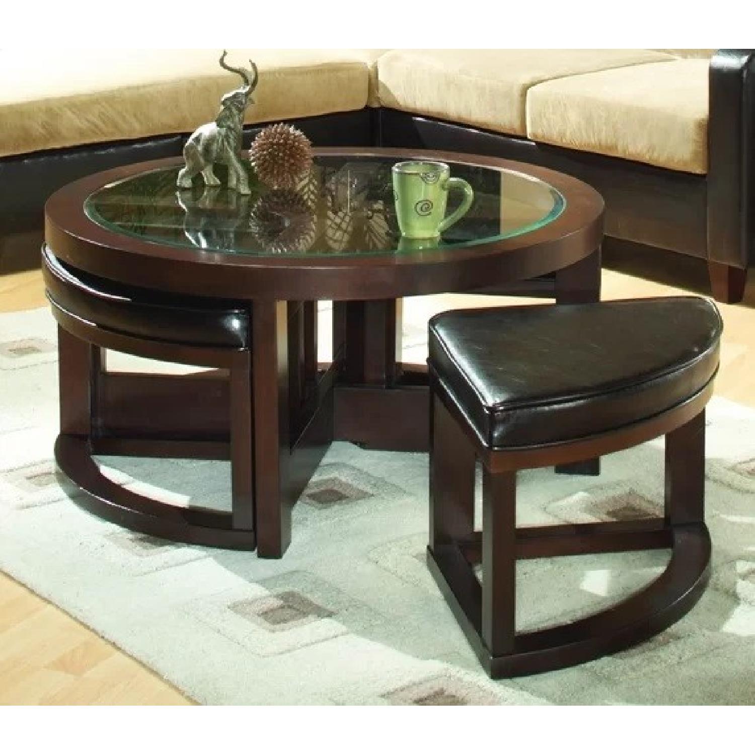 Woodhaven Hill Glass Top Round Coffee Table w/ 4 Ottomans - image-5
