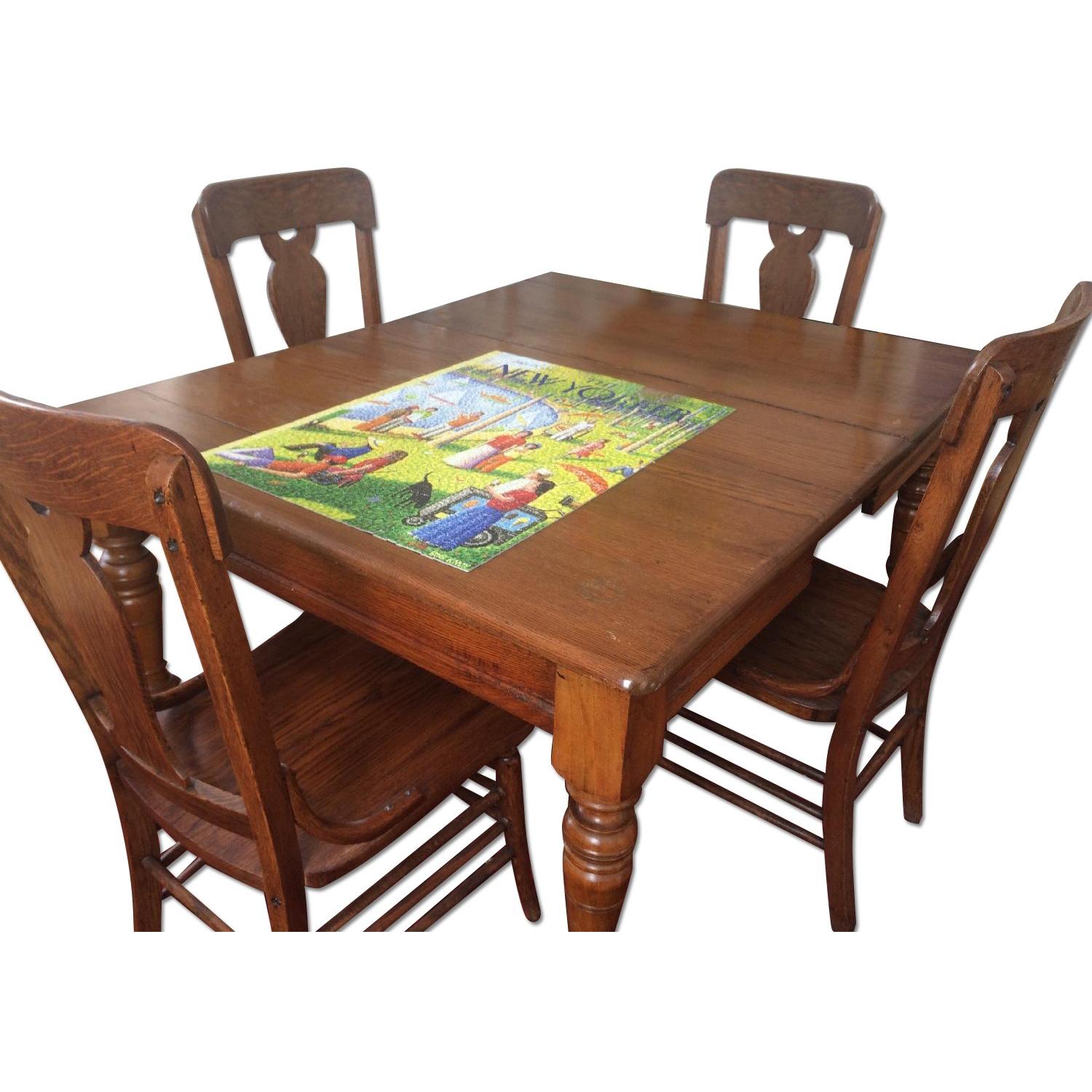 American Oak Antique Dining Table w/ 4 Chairs - AptDeco