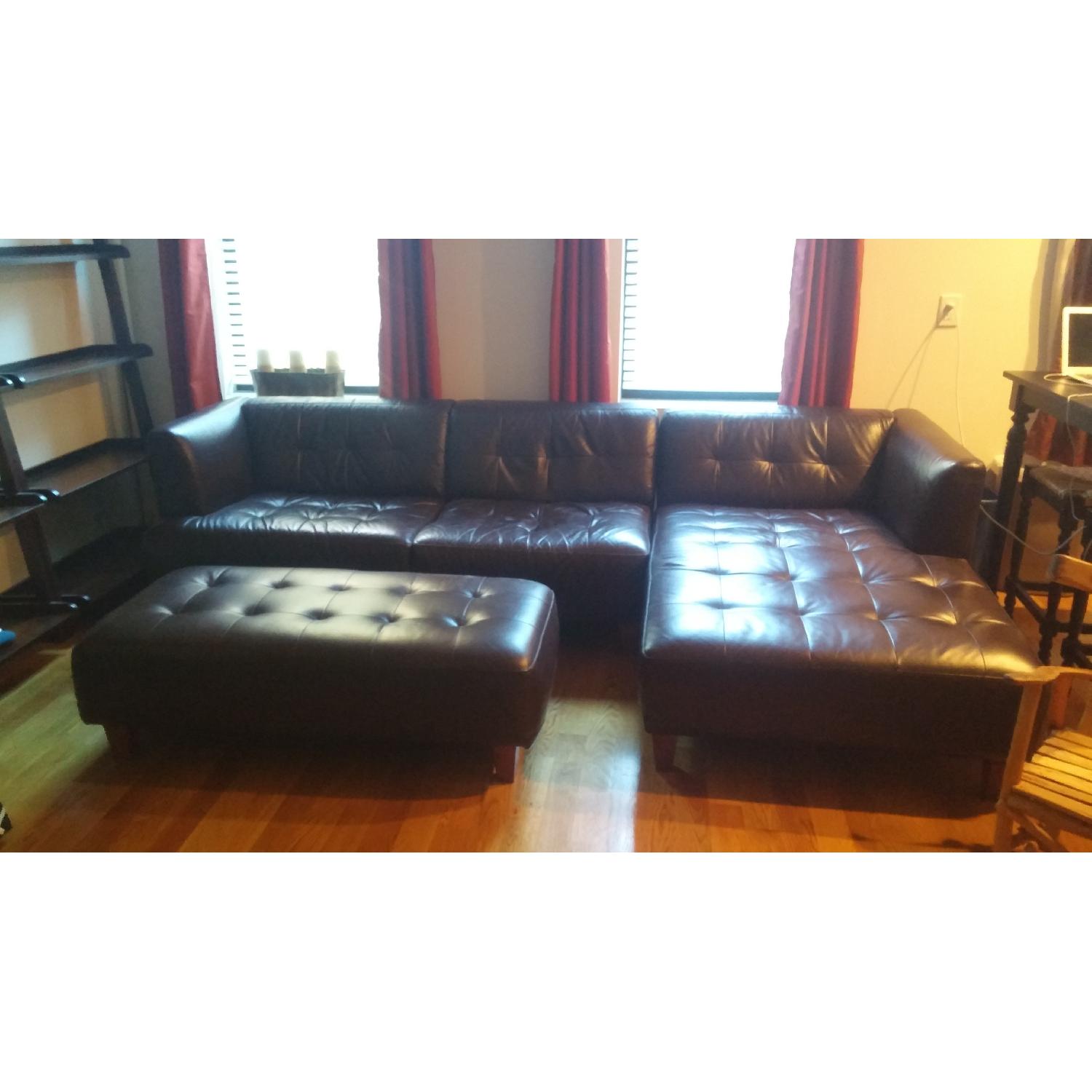 Macy's Stacey Leather 3 Piece Leather Corner Sectional w/ Matching Otttoman - image-1