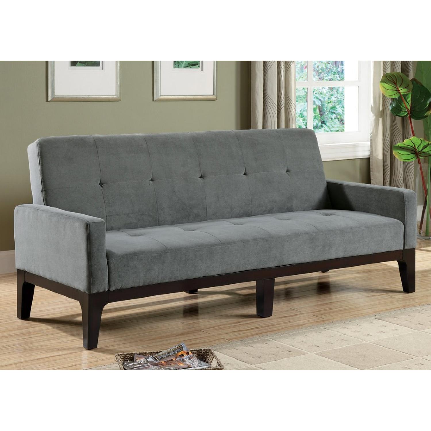 Sofa Bed in Blue-Gray Microfiber w/ Tufted Design - image-1