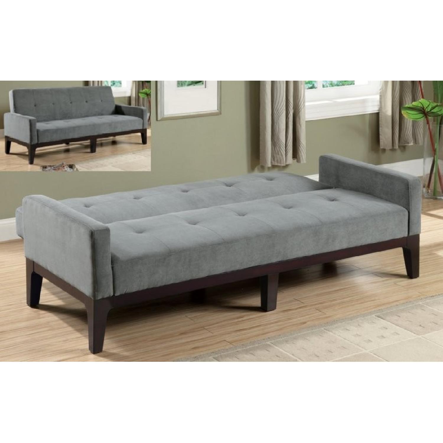 Sofa Bed in Blue-Gray Microfiber w/ Tufted Design - image-2