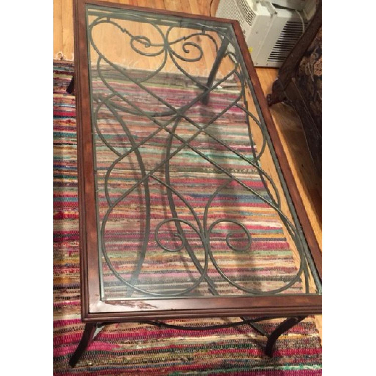 Raymour & Flanigan Glass Top Coffee Table w/ Iron Details - image-1