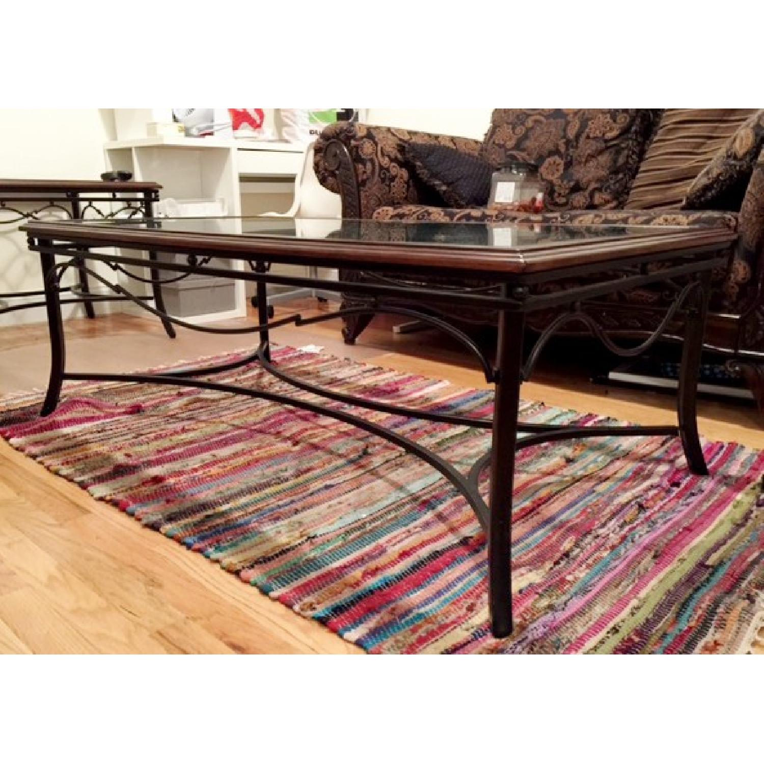 Raymour & Flanigan Glass Top Coffee Table w/ Iron Details - image-2