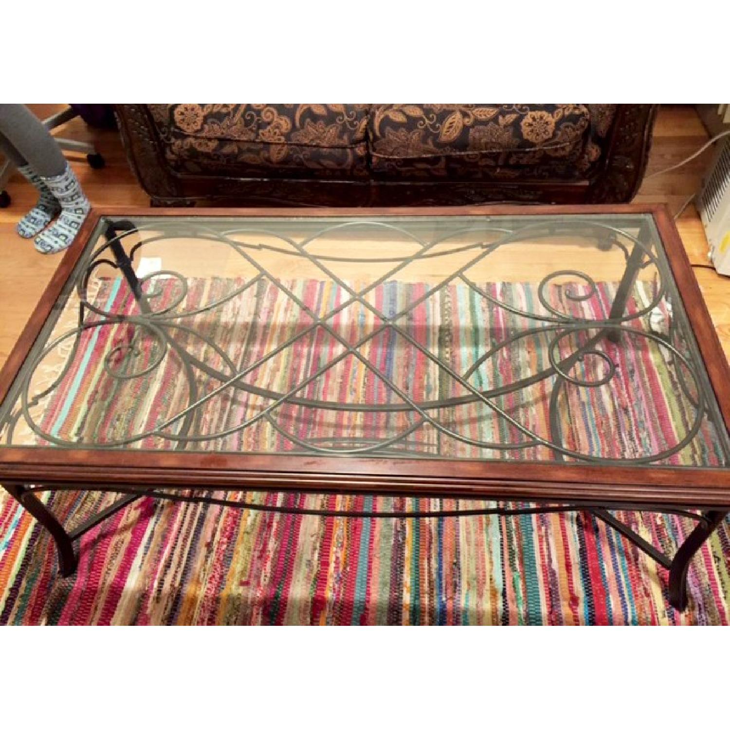 Raymour & Flanigan Glass Top Coffee Table w/ Iron Details - image-3