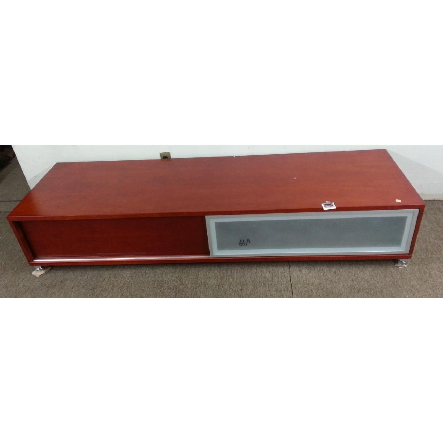 Long Low Profile TV Stand in Light Cherry Finish w/ Sliding Door AptDeco
