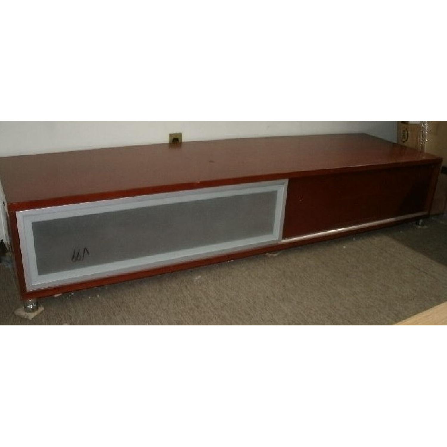 Long Low Profile TV Stand in Light Cherry Finish w/ Sliding Door AptDeco