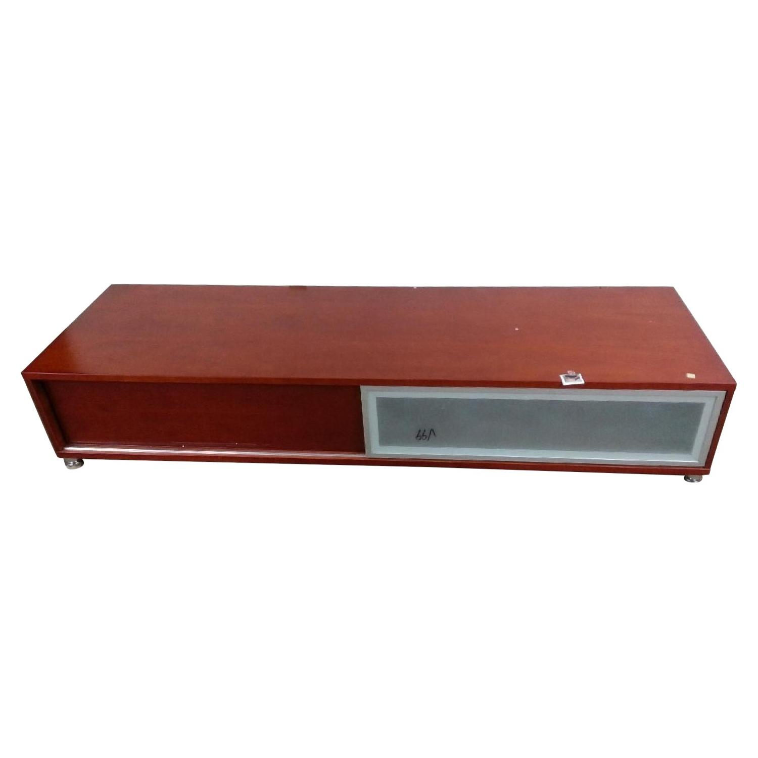 Long Low Profile TV Stand in Light Cherry Finish w/ Sliding Door AptDeco