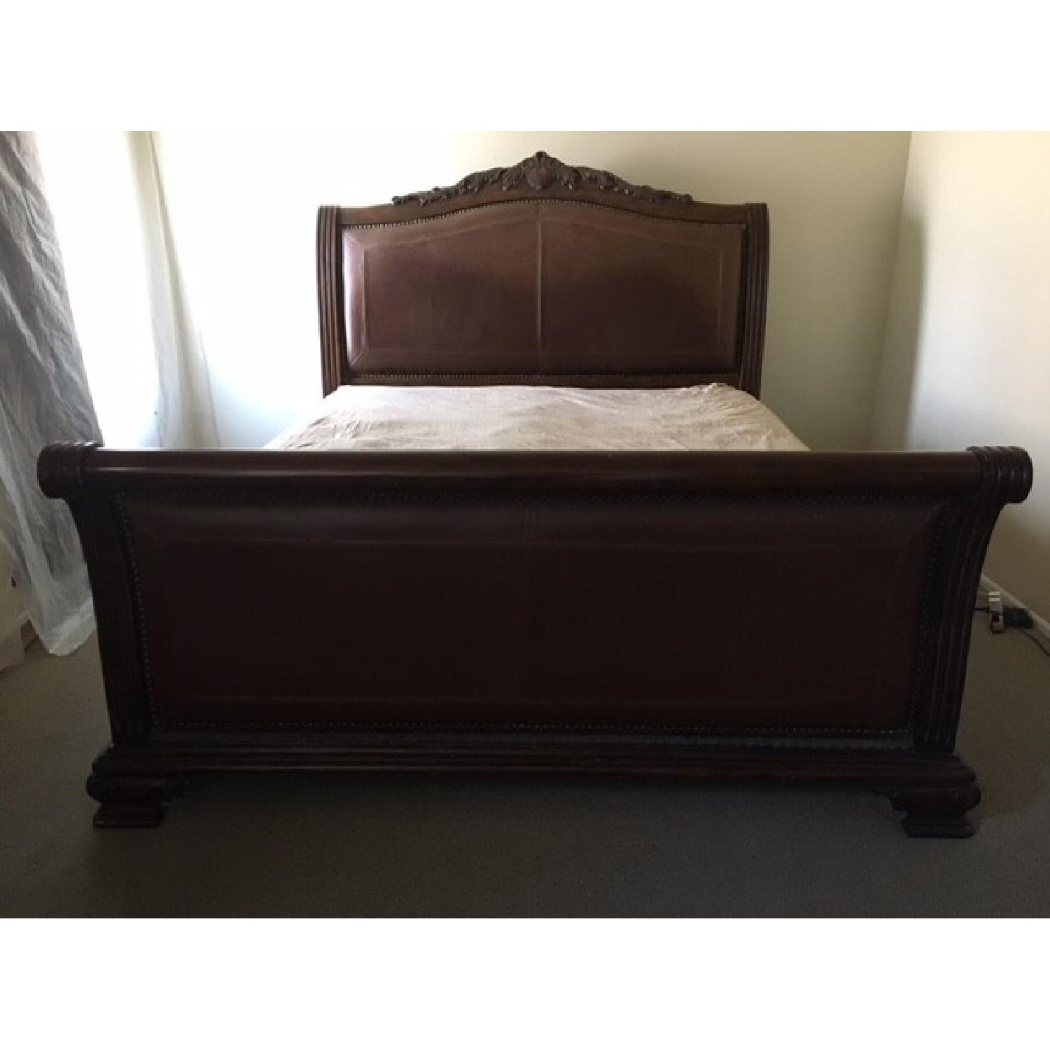 Raymour & Flanigan King Size Wood & Leather Sleigh Bed - image-1