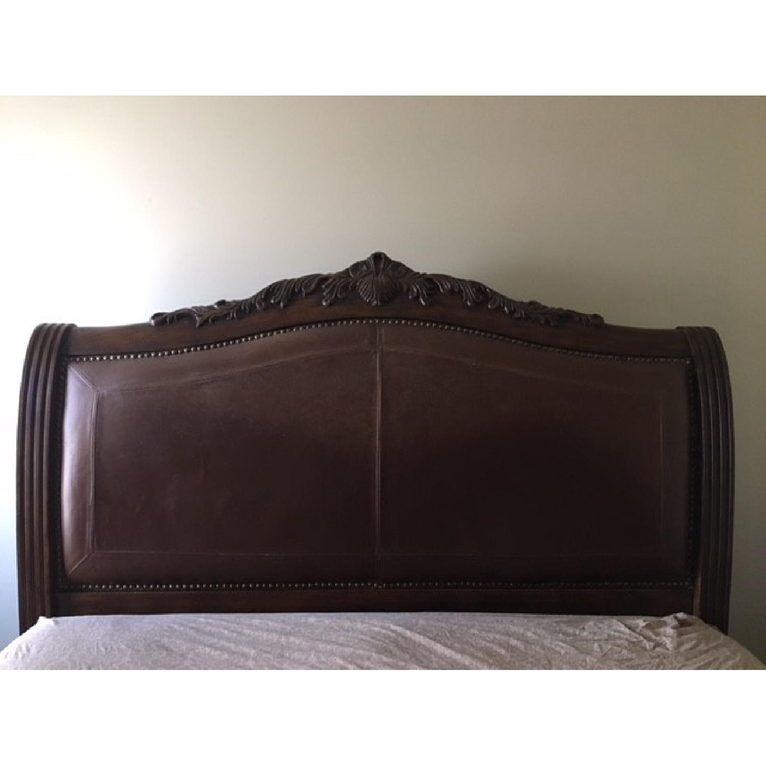 Raymour & Flanigan King Size Wood & Leather Sleigh Bed - image-2