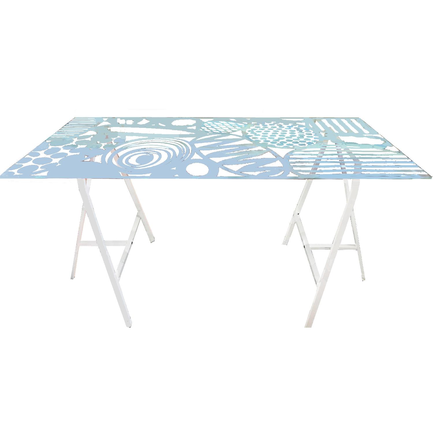 Ikea Pattern Glass Top Table w/ White Trestle Legs AptDeco