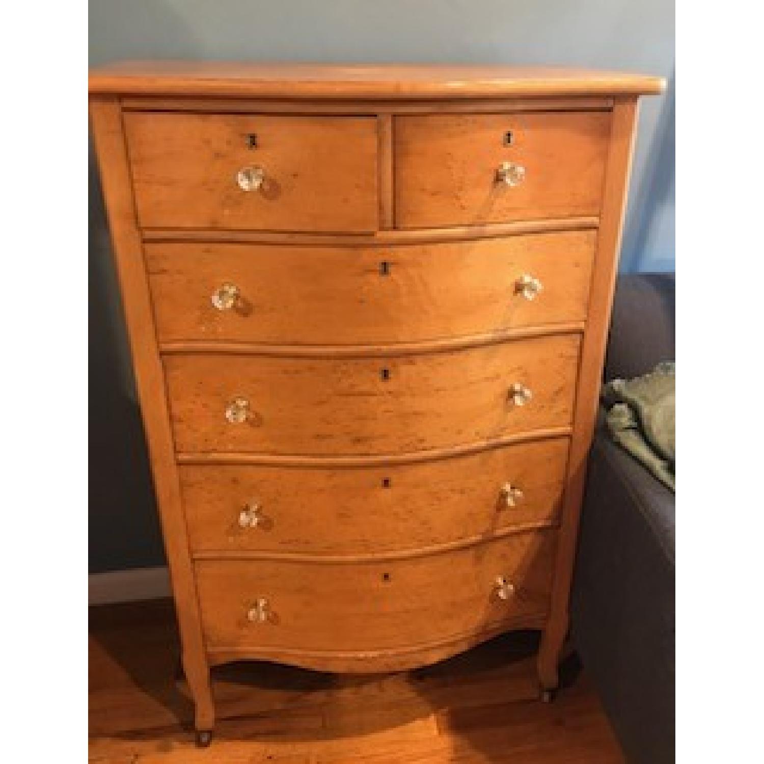 Antique Birdseye Maple Bow Front 6 Drawer Dresser on Wheels - image-3