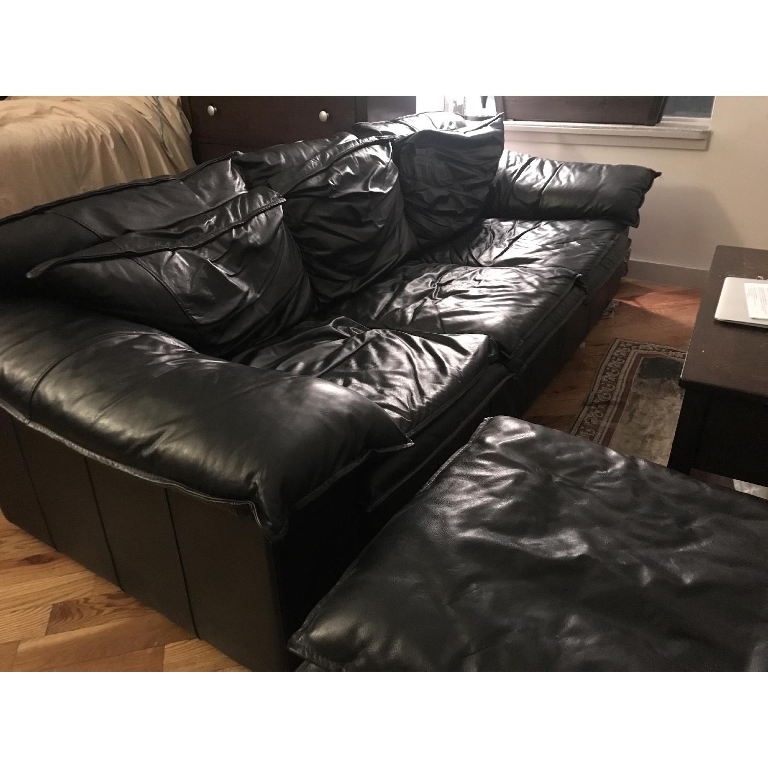 Black Leather 3 Seater Sofa & Ottoman - image-1