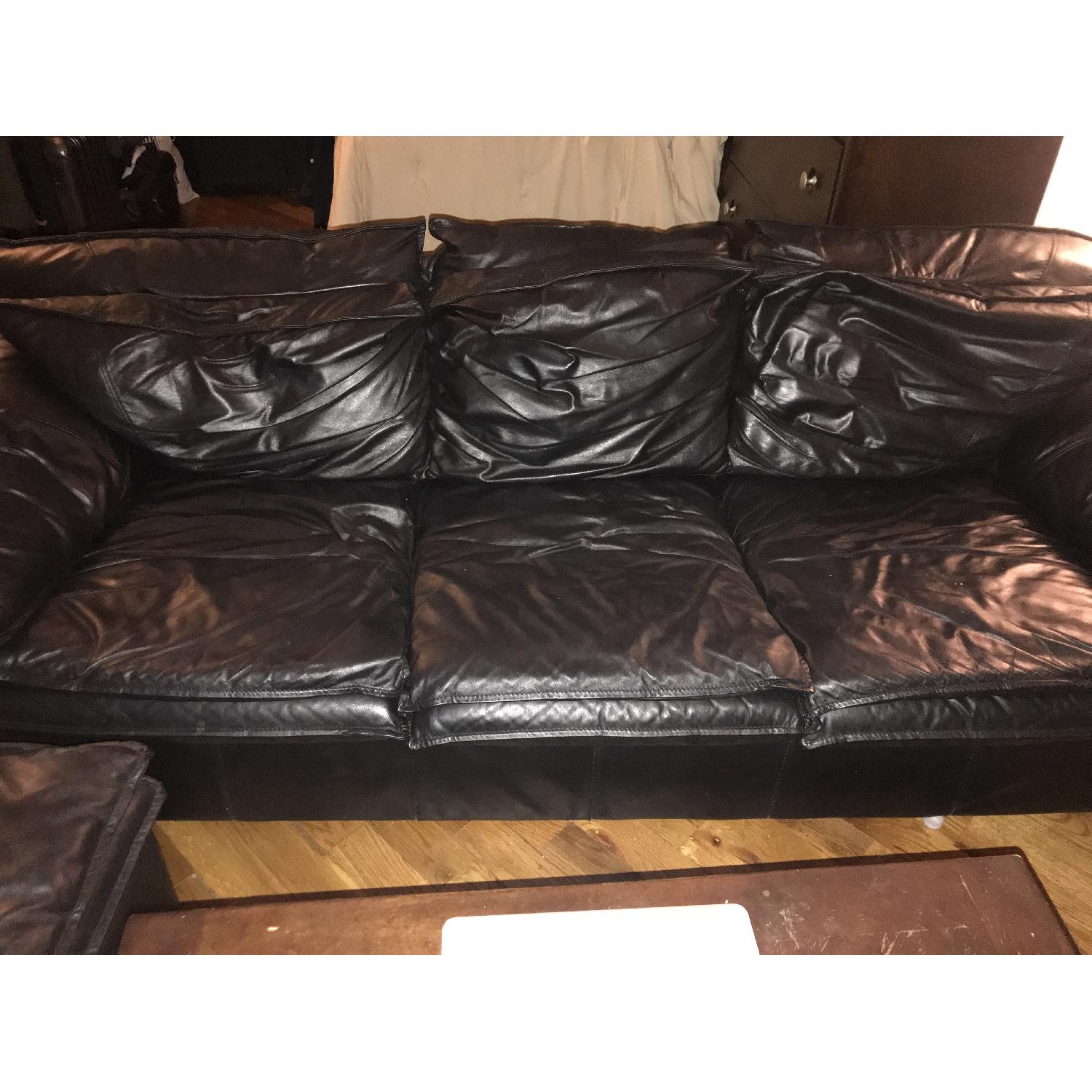 Black Leather 3 Seater Sofa & Ottoman - image-2