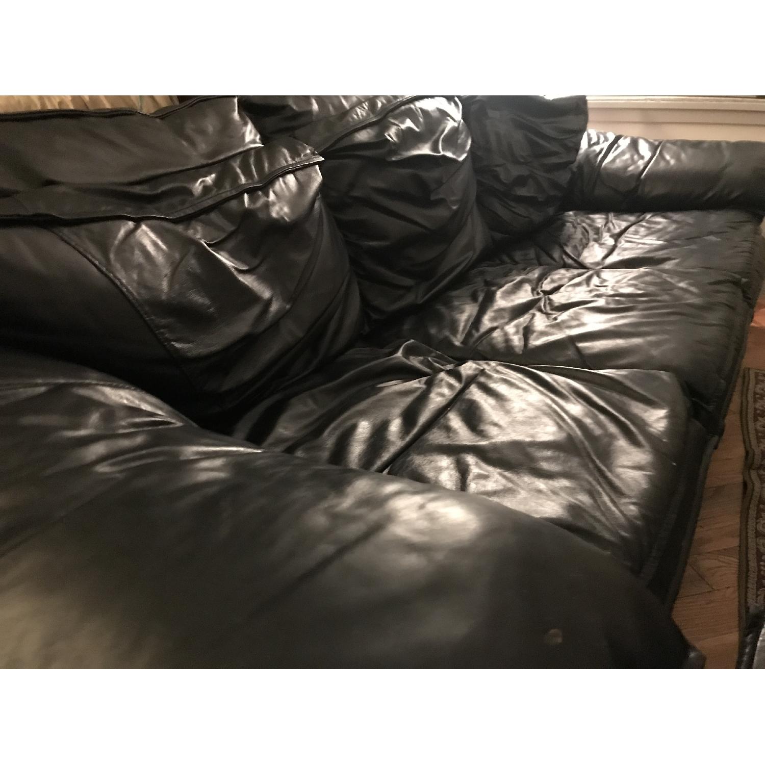 Black Leather 3 Seater Sofa & Ottoman - image-5