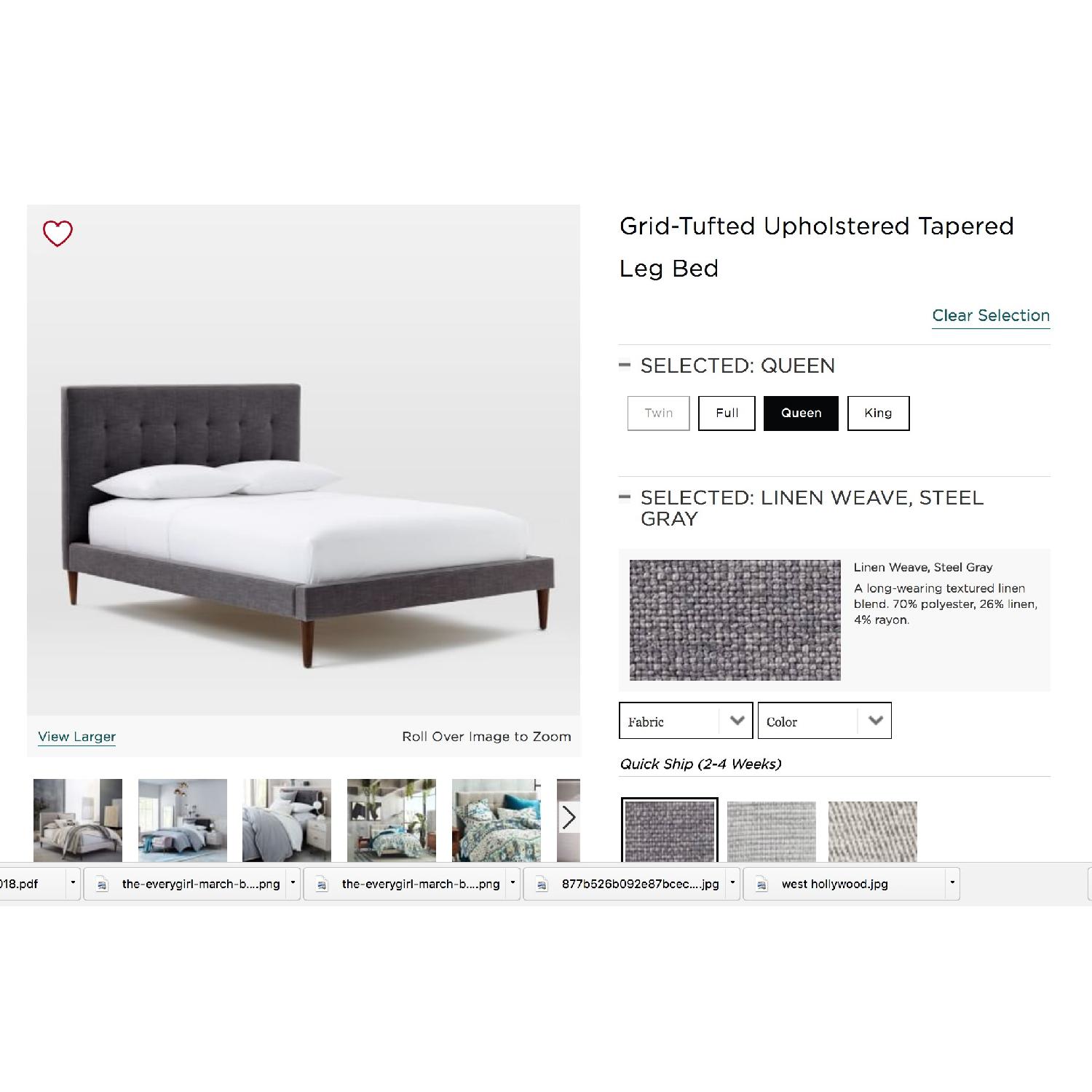 West Elm Grid-Tufted Upholstered Tapered Leg Queen Bed - image-2