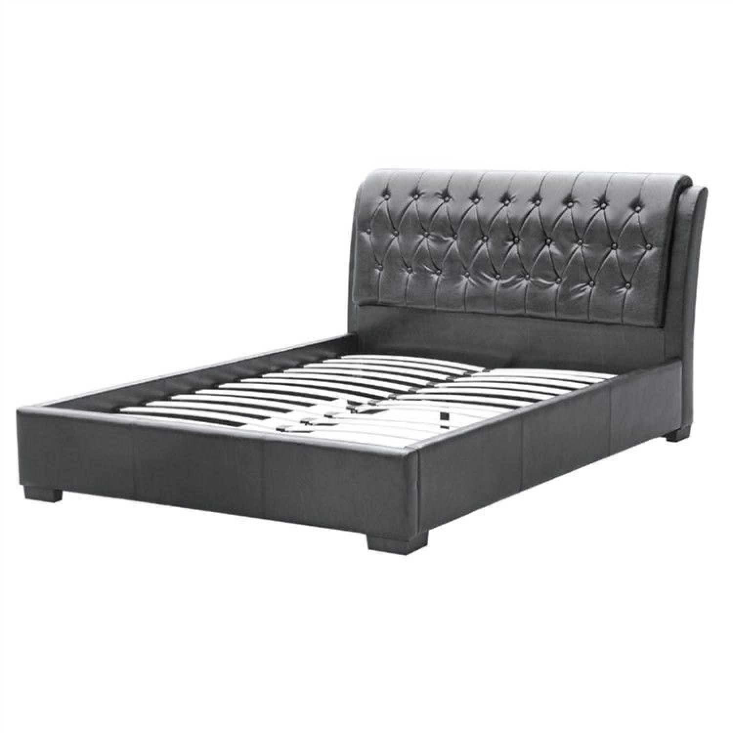 Black Leatherette Queen Size Bed w/ Tufted Headboard - image-1