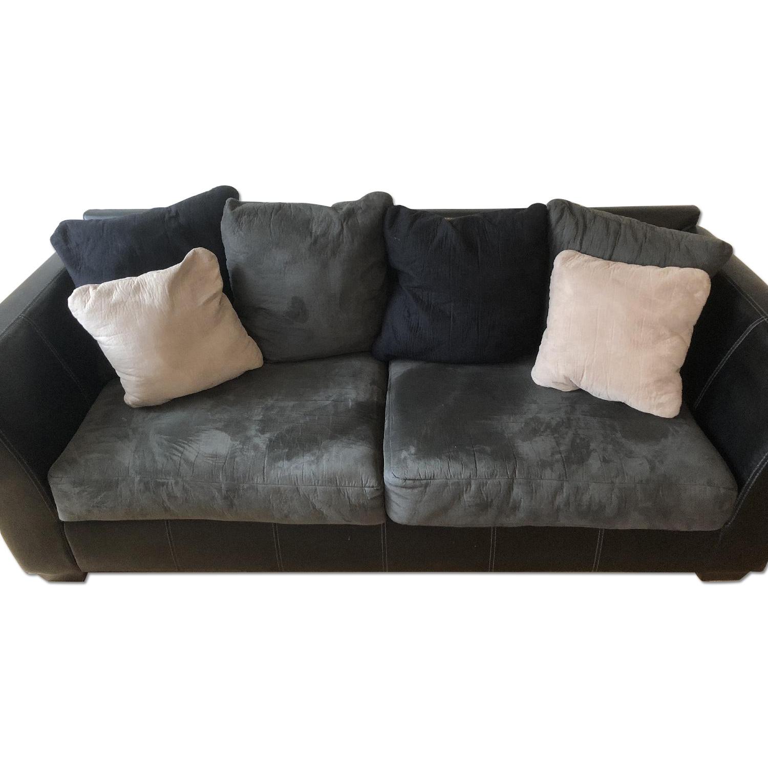 Black Faux Leather Grey Microsuede Sofa Aptdeco