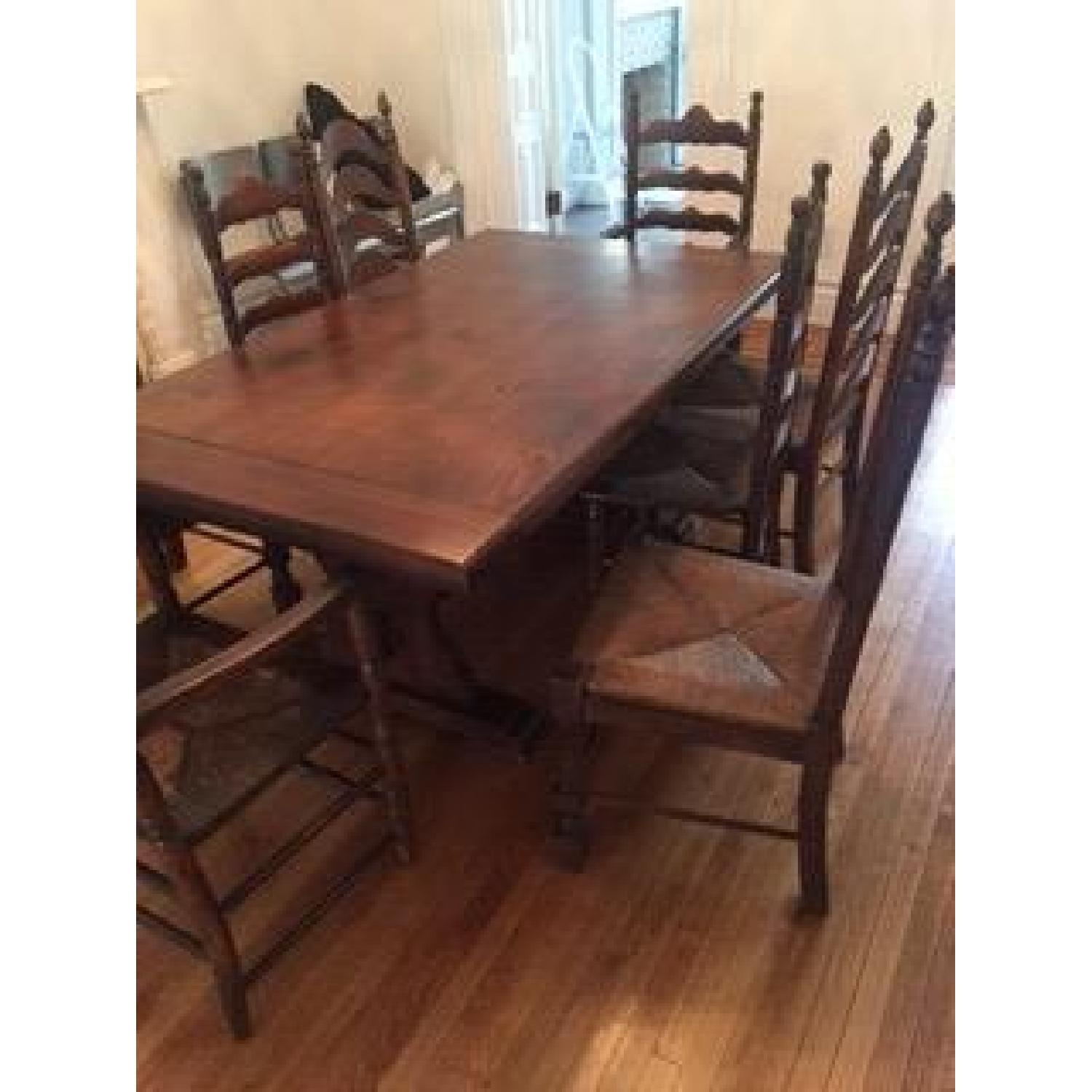 Antique Wood Trestle Expandable Dining Table w/ 8 Chairs - image-7
