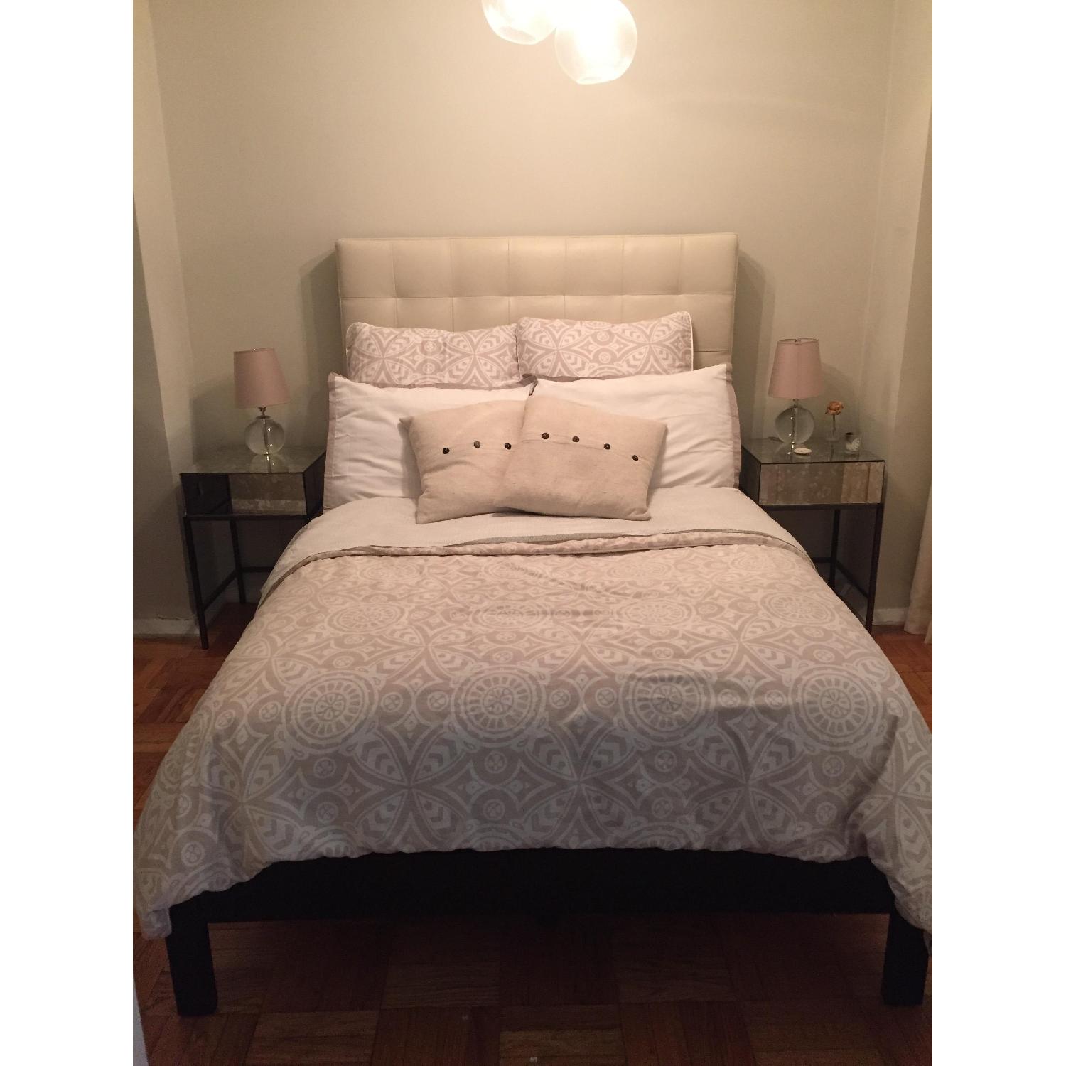 West Elm Full Size Bed-Frame w/ Tall Leather Grid-Tufted Headboard - image-1