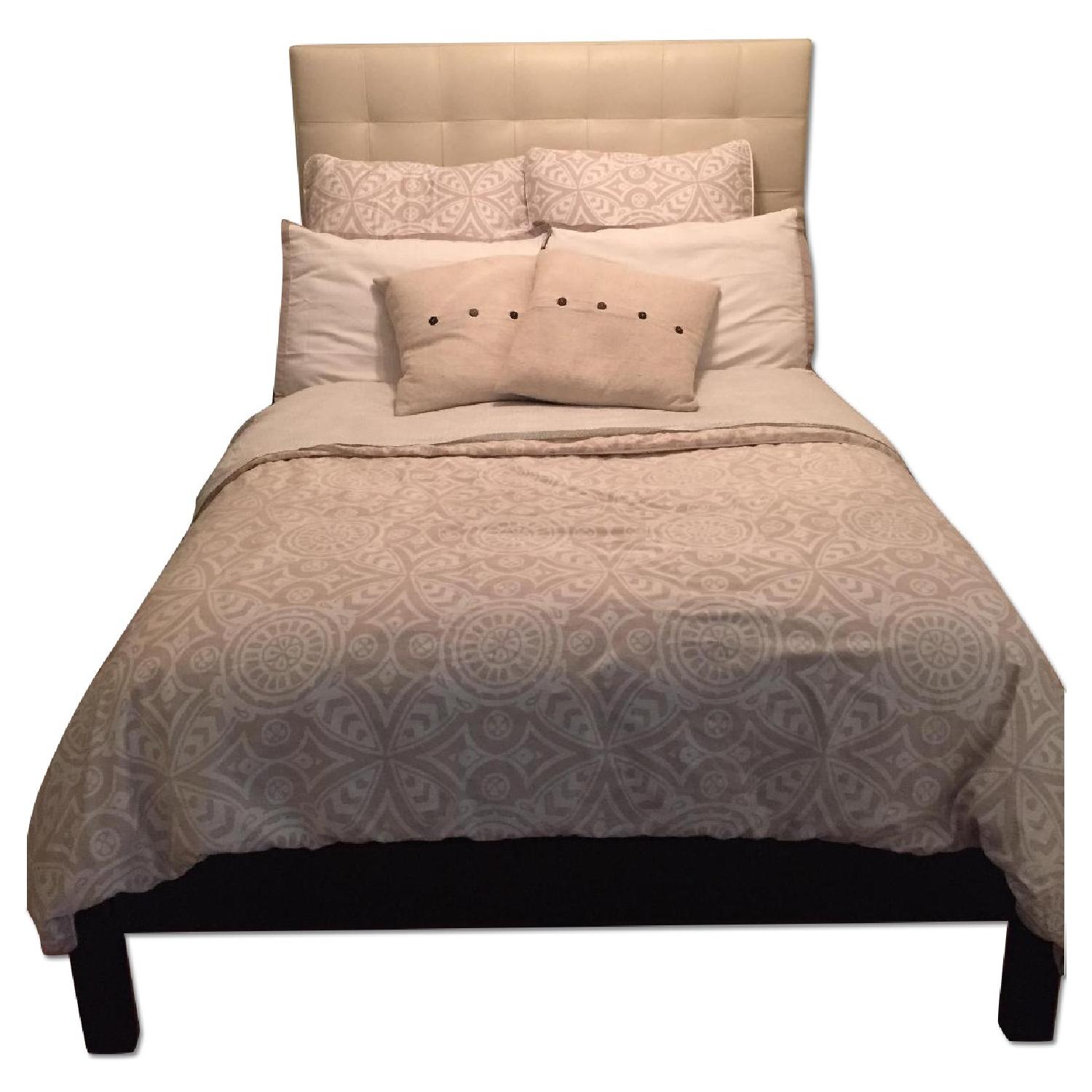 West Elm Full Size Bed-Frame w/ Tall Leather Grid-Tufted Headboard - image-0