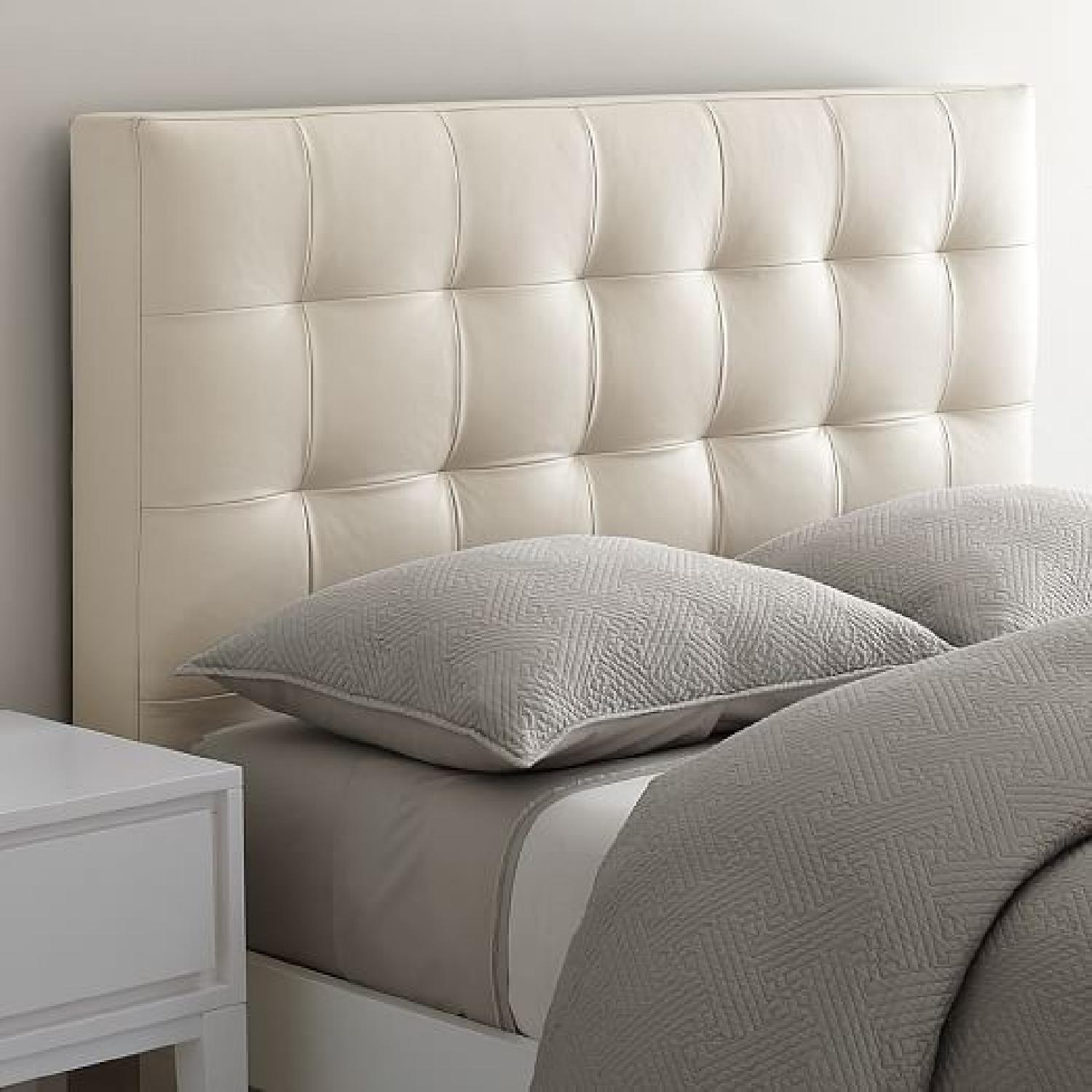 West Elm Queen Bed Frame w/ Ivory Leather Grid Tufted Headboard - image-1