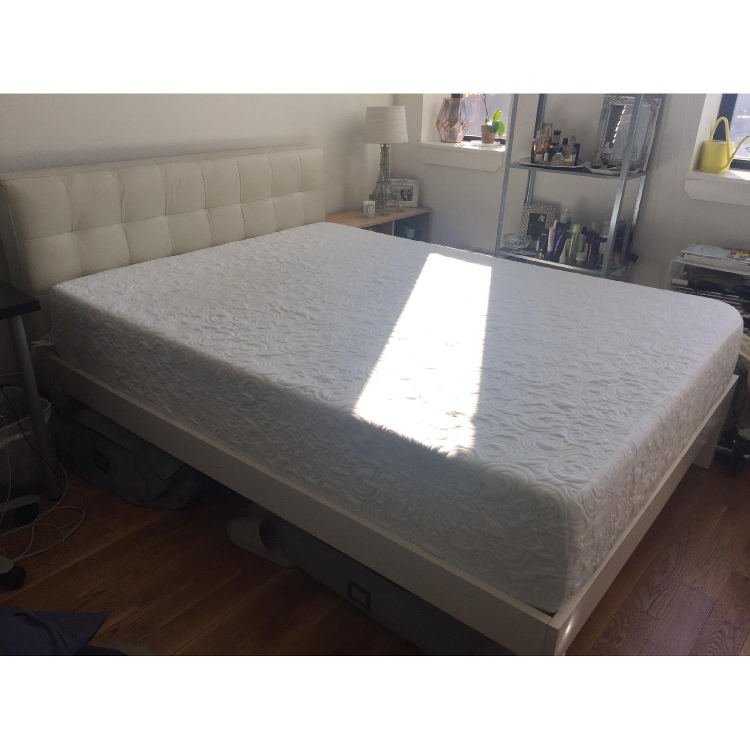 West Elm Queen Bed Frame w/ Ivory Leather Grid Tufted Headboard - image-7