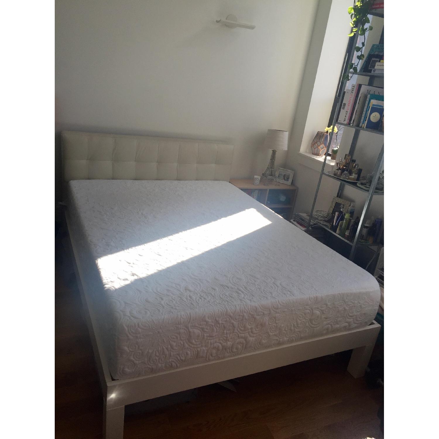 West Elm Queen Bed Frame w/ Ivory Leather Grid Tufted Headboard - image-8
