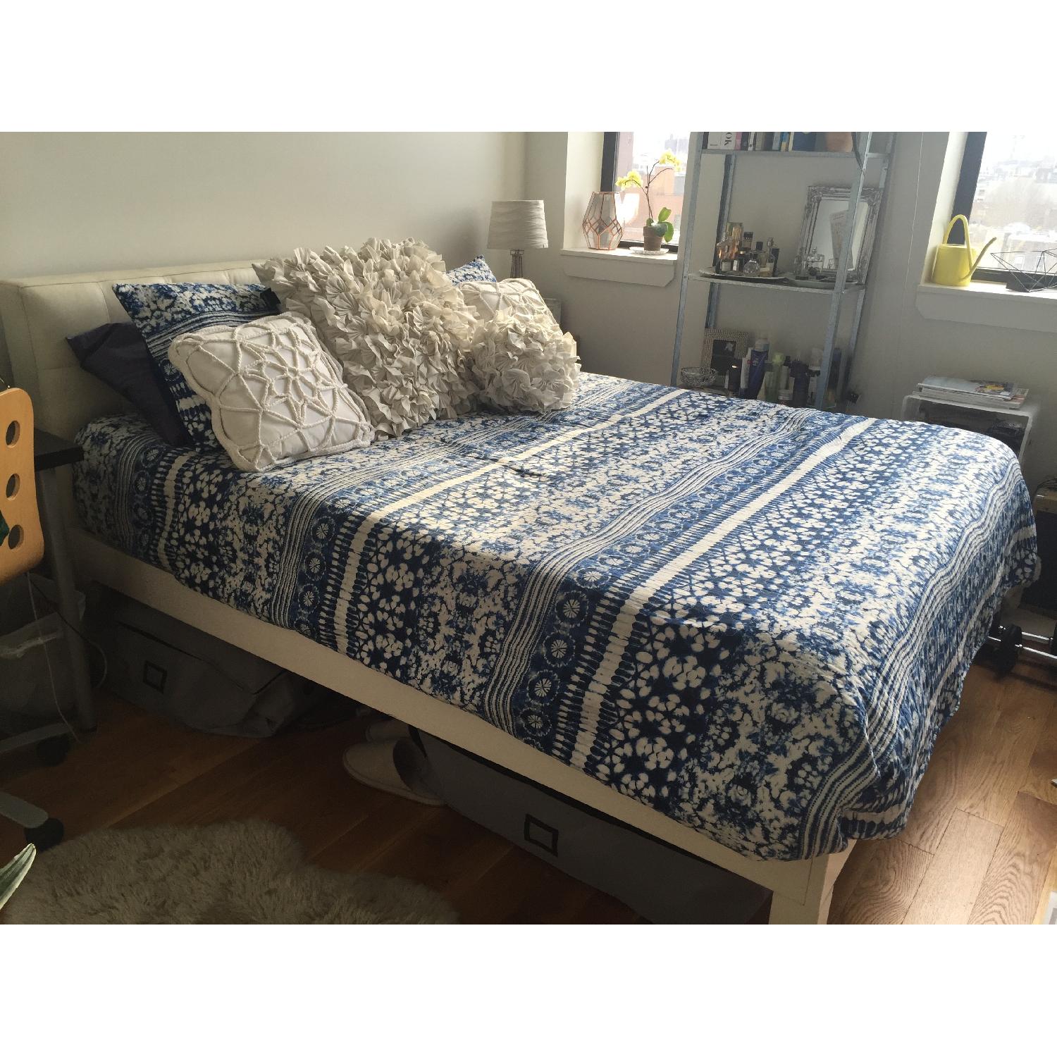 West Elm Queen Bed Frame w/ Ivory Leather Grid Tufted Headboard - image-9