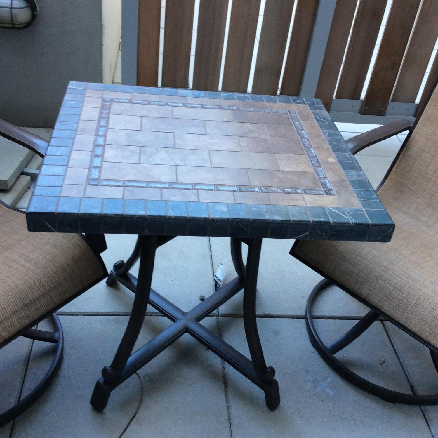 Outdoor Patio Table w/ 2 Swivel Chairs + Umbrella - image-2