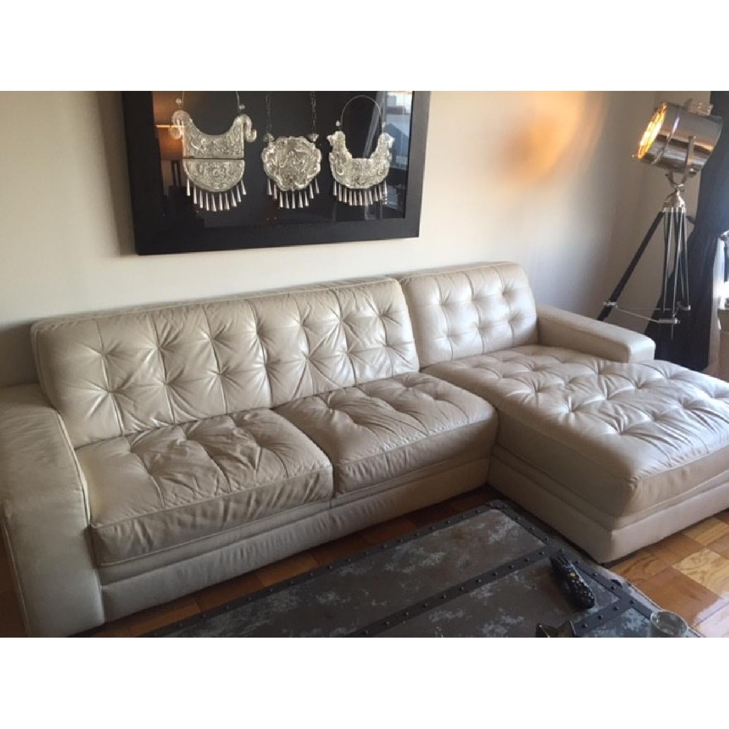 Macy's Cream Leather L Shaped Sofa - image-1