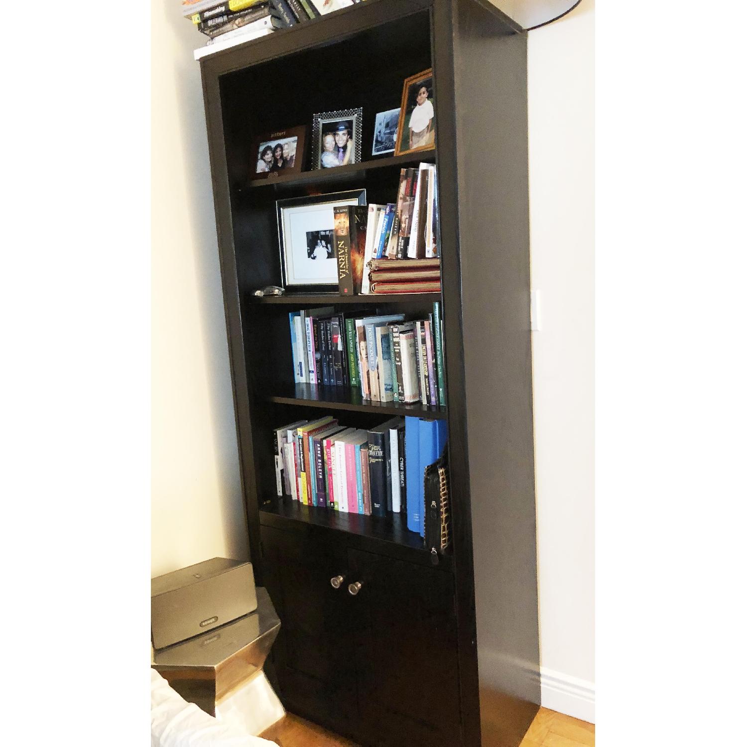 Crate & Barrel Black Wood Bookcase w/ Brass Pulls AptDeco