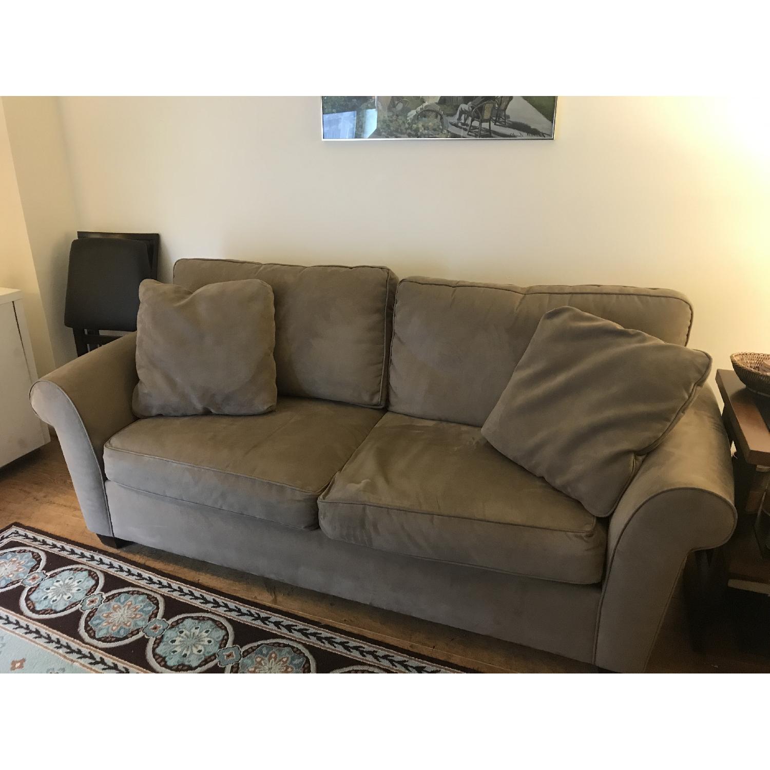 Macy S Light Brown Suede 2 Seater Sofa W Throw Pillows Aptdeco